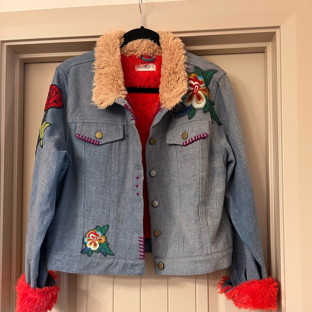 NATURAL LIFE Blue Jean Jacket with Red and Pink Accents